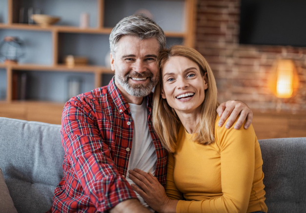 A middle-aged couple is smiling and hugging