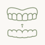 Line icon depicting a forward-facing tooth with an arrow and Invisalign, symbolizing progressive dental alignment